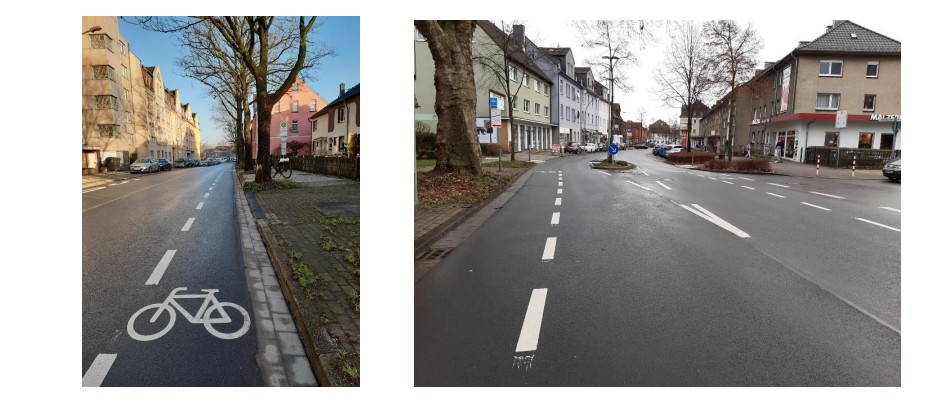 Zwei Fotos von weiß markierten Fahrradschutzstreifen in der Castroper Straße.