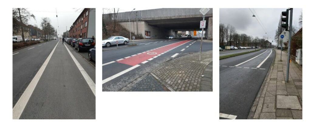 Drei Fotos von Fahrradwegen auf der Rathausstraße, sie sind durch weiße und rote Markierungen am Boden gekennzeichnet.