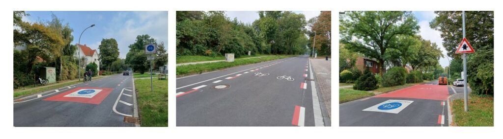 Drei Fotos der Fahrradstraße mit dem Namen "Vinckestraße". Sie ist durch Markierungen am Boden für Fahrräder gekennzeichnet.