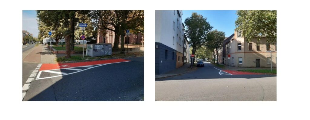 Zwei Fotos von Einbahnstraßen, die von Fahrrädern genutzt werden können. Das erkennt man durch rote und weiße Markierungen am Boden.