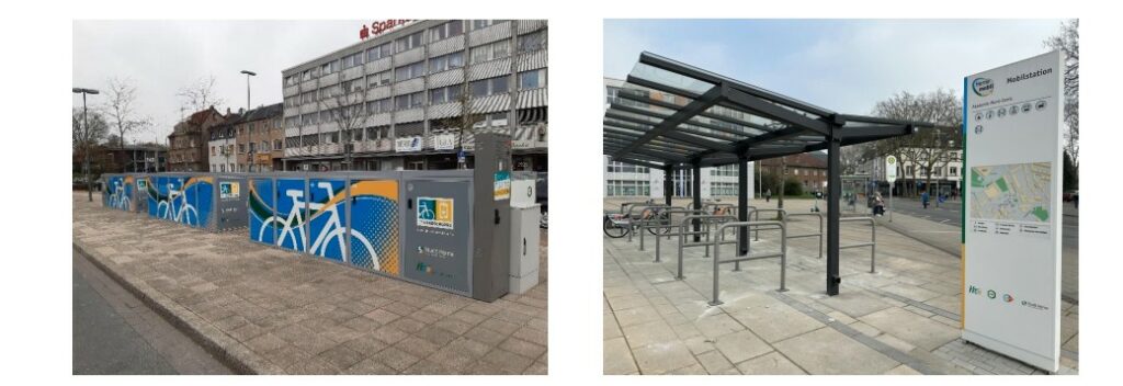 Zwei Fotos von überdachten Abstellanlagen für Fahrräder in Herne.